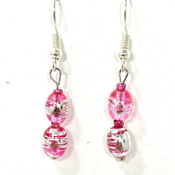 Murano Style Pink Silver Art Glass Bead Earrings Plated Dainty Dangle Handmade - Picture 3 of 7